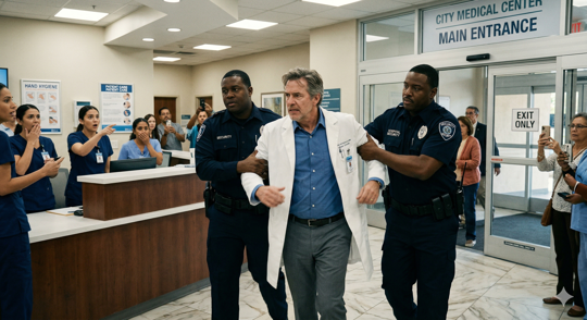 Doctor under arrest being led away by police