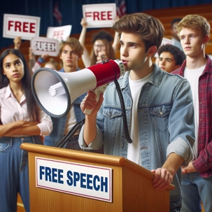 student with megaphone and the words free speech