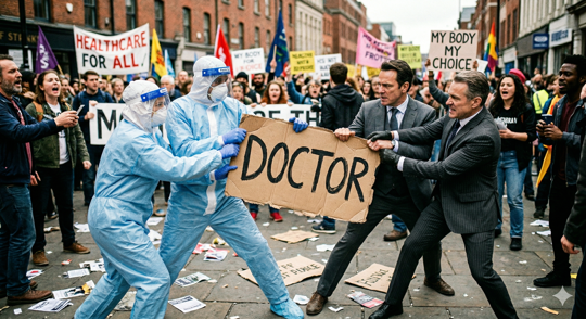 Doctor sign fought over by people in medical gear vs people in suits.