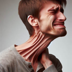 Long neck with large ridges and the guy is grimacing in pain