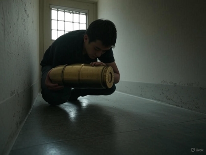 guy with giant bullet in a jail cell