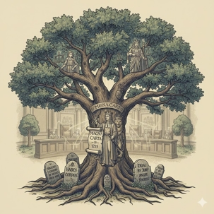 Tree holding signs of the magna carta and other british common law signs