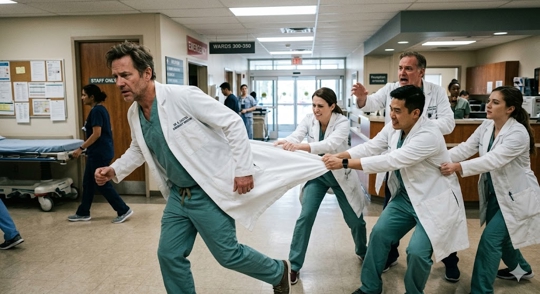 doctor leaving being pulled back by his shirttails by many other doctors