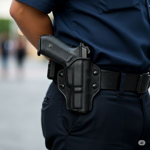 security guard with a gun holstered in plain view on his hip